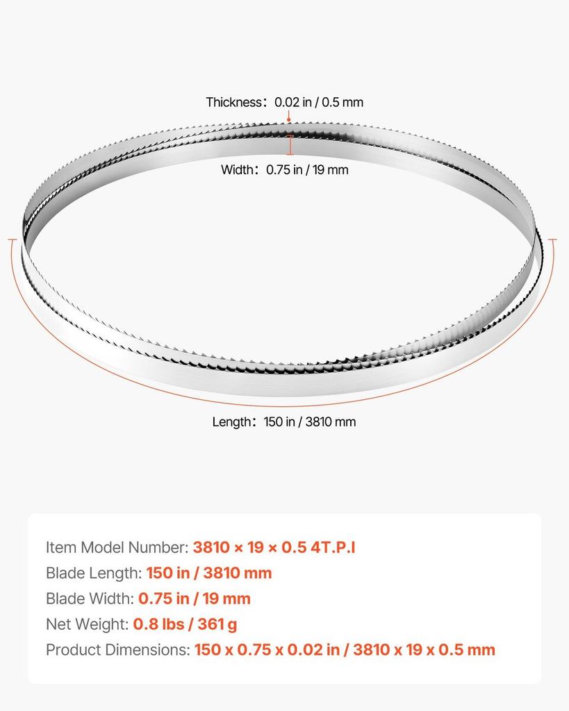 Bandsaw Blade, 3810 Mm Length, 4 TPI Band Saw Blade with 18 HRC Hardened Sharp Teeth, SK5 High-Strength Carbon Steel, 19 Mm Width, Replacement for