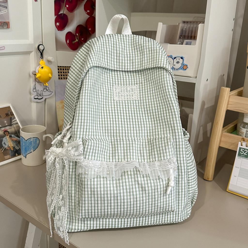 Schoolbag Milk Huhu Plaid Lace Backpack Girl Heart Travel Small Backpack Japanese Sweet Wind Student Party School Bag
