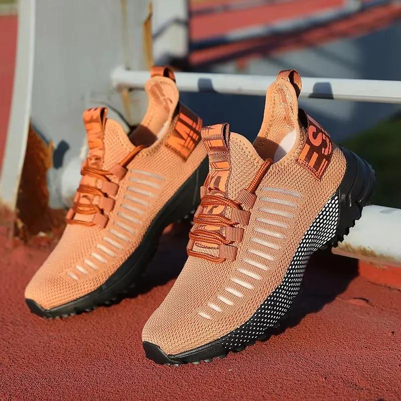 Men Knitted Running Shoes Breathable Cushioned Insoles Adjustable Shoelaces Walking Shoes Comfortable Outdoor Activity Sneakers