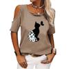 Women Casual Off Shoulder Tee Shirt Summer&fall Round Collar Short Sleeve Top Female Fashion Cat Printed T-shirt