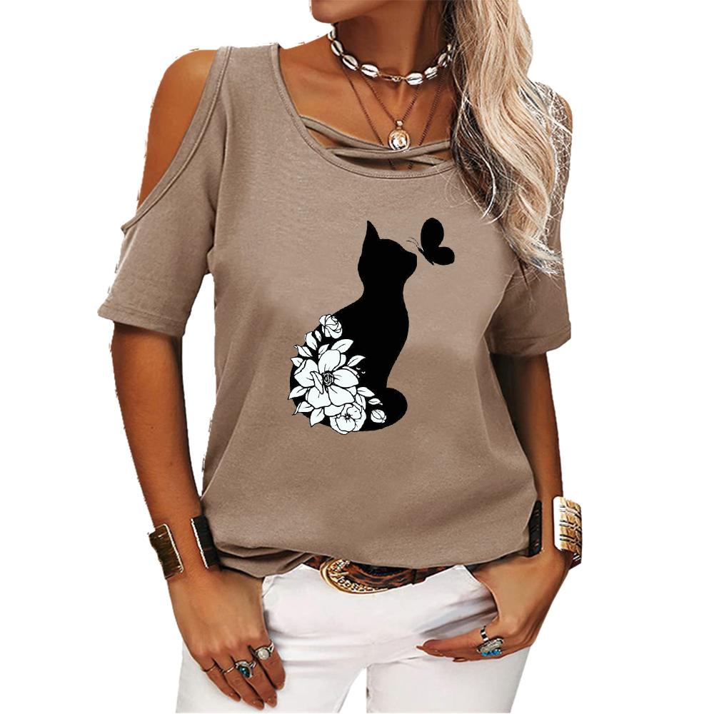 Women Casual Off Shoulder Tee Shirt Summer&fall Round Collar Short Sleeve Top Female Fashion Cat Printed T-shirt