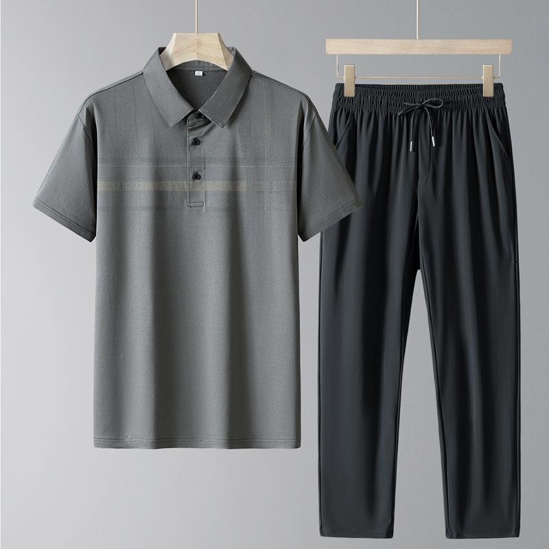 Traje Deportivo para Hombres de Mediana Edad y Mayores, Casual de Seda Helada de Manga Corta, Conjunto de Dos Piezas para Hombres