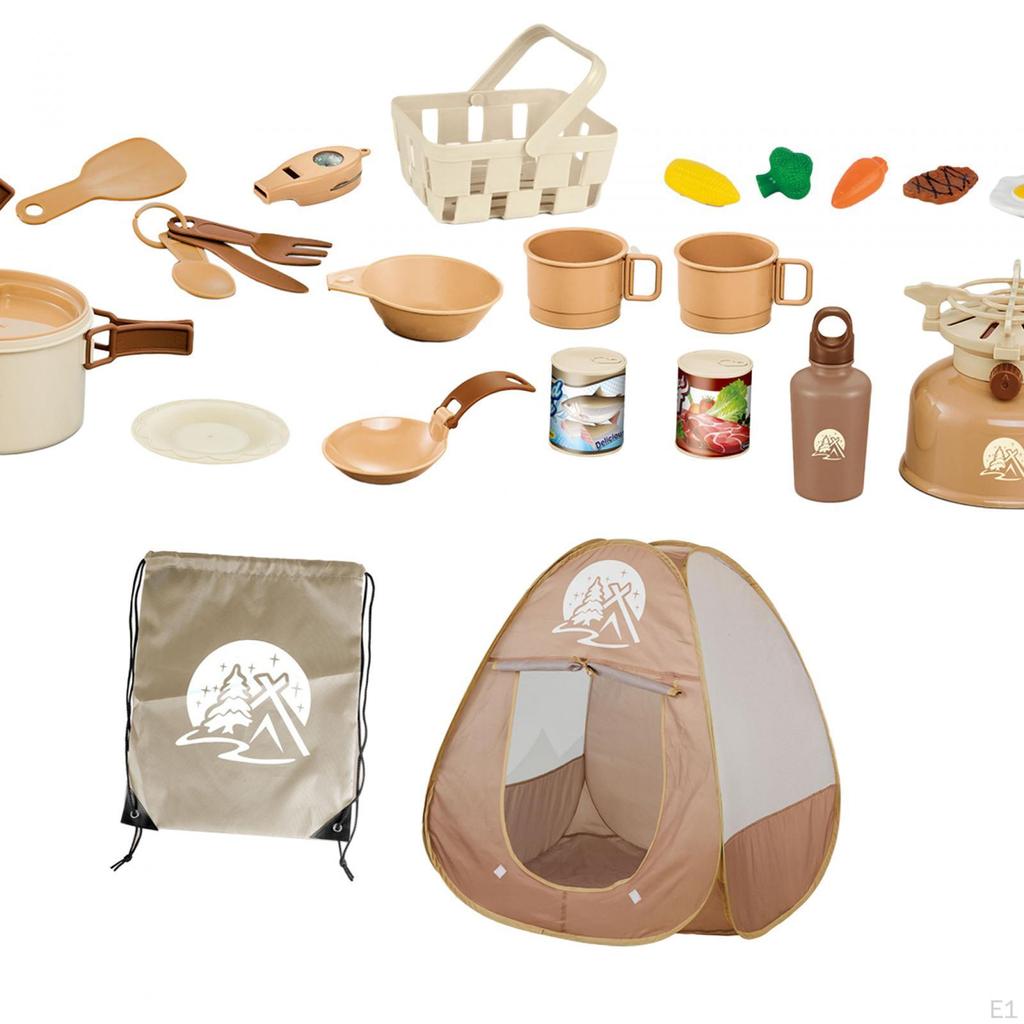 25 Pieces Kids Camping Gear Set Pretend Play Campfire Food with Tent Toy BBQ Grill