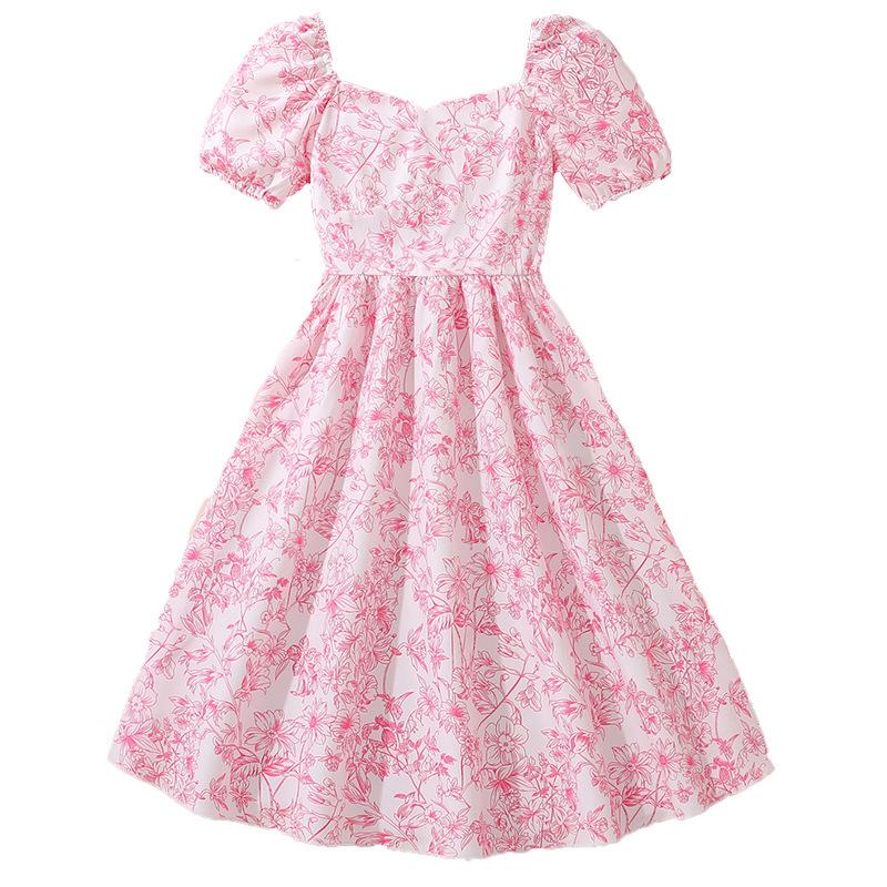 Mädchen Modekleid Sommer Kinder Puffärmel Floral Elegant Tailliert Süßes Prinzessinnenkleid