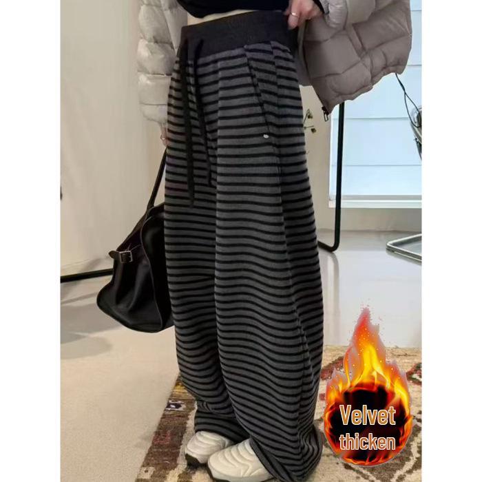2026 European Striped Fleece-Lined Wide-Leg High-Waist Floor-Length Women's Trousers