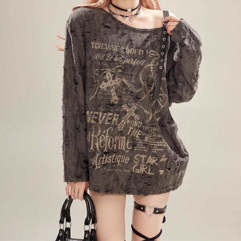 Wasteland Off-Shoulder Printed Cover-Up: Women's Loose Long Sleeve Ripped T-Shirt for Summer Sun Protection.