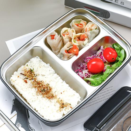 Obědový box z nerezové oceli s vnitřní nádobou 3/4 přihrádkami, nepropustný bento box s hůlkami, lžičkou, držákem na mobilní telefon
