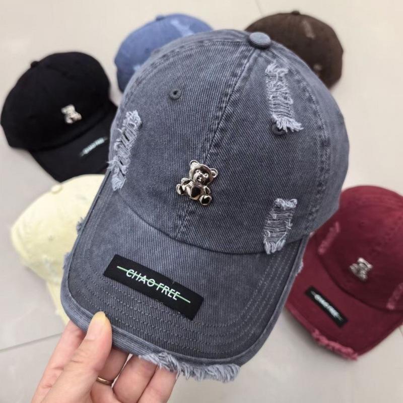 Bear Baseball Cap Ripped Washed Hat Retro Big Head Soft Top Cap Sun Protection
