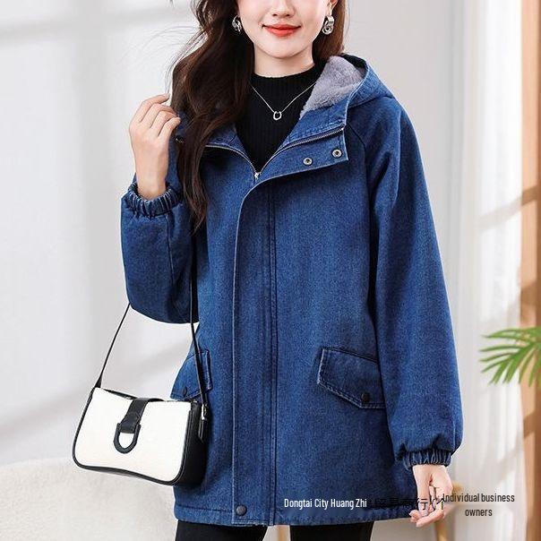 Damjacka i denim med huva och plyschfoder, medellång, stora storlekar, casual, Höst/Vinterkollektion 2025