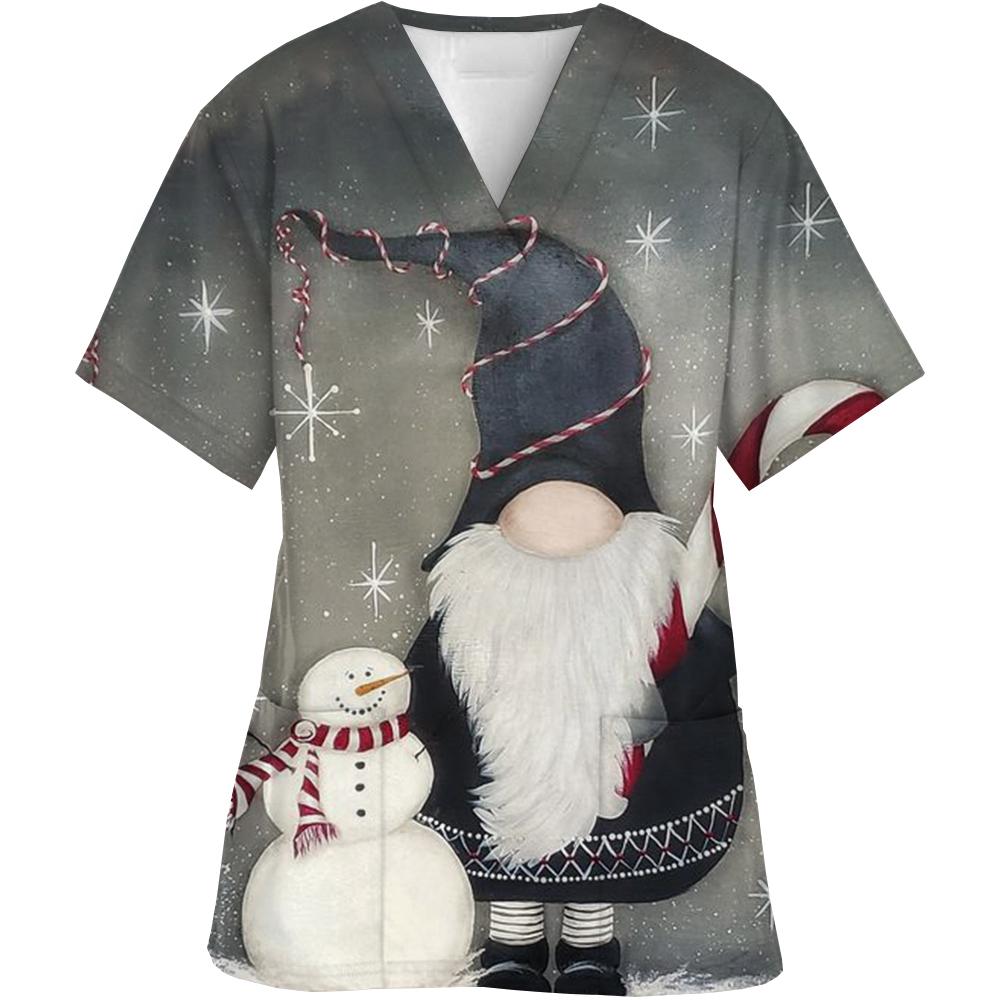 Nurse Uniforms Women Merry Christmas Print Short Sleeve V-Neck Scrubs Working Medical Blouse Overalls Uniforms Medical Nursing