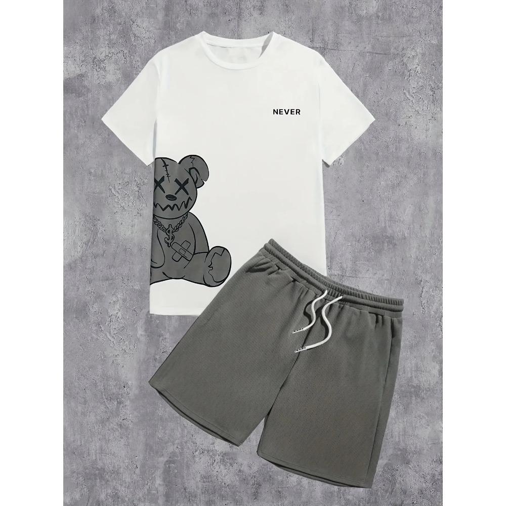 Summer Casual Short-Sleeve Fashionable Breathable Sports Set Loose Comfortable Soft Breathable Men's Bear Print Sport Wear