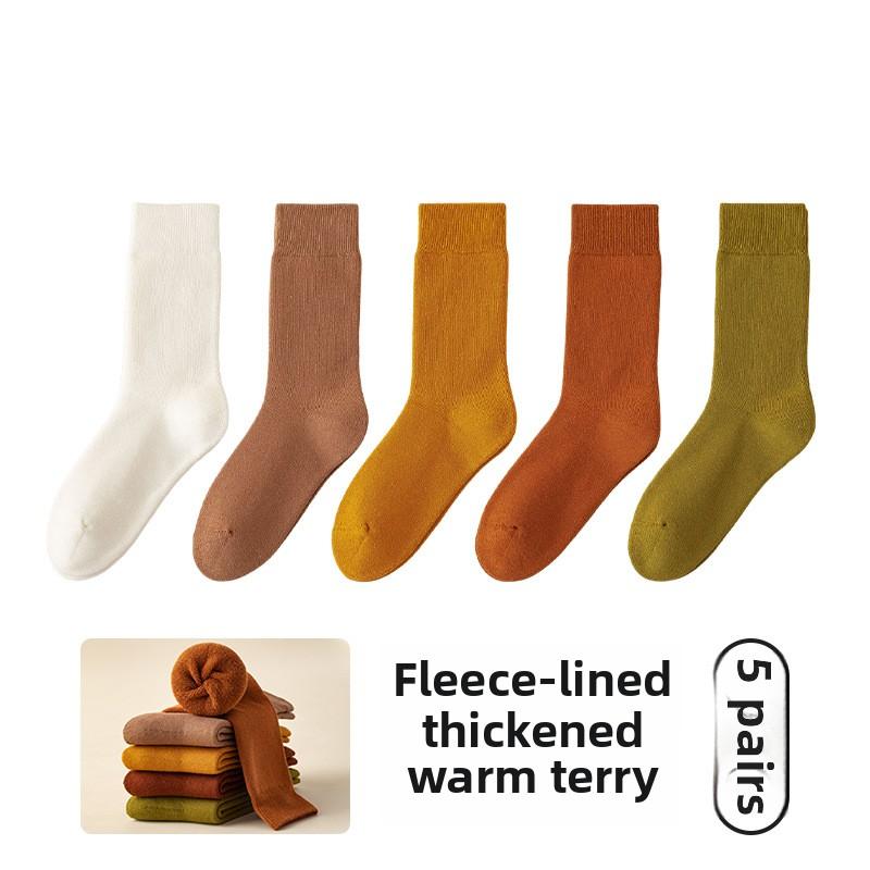 5 Pairs of Girls Autumn and Winter Warm Anti Pilling Boneless Pure Cotton Simple Thick Wool Ring Tube Socks