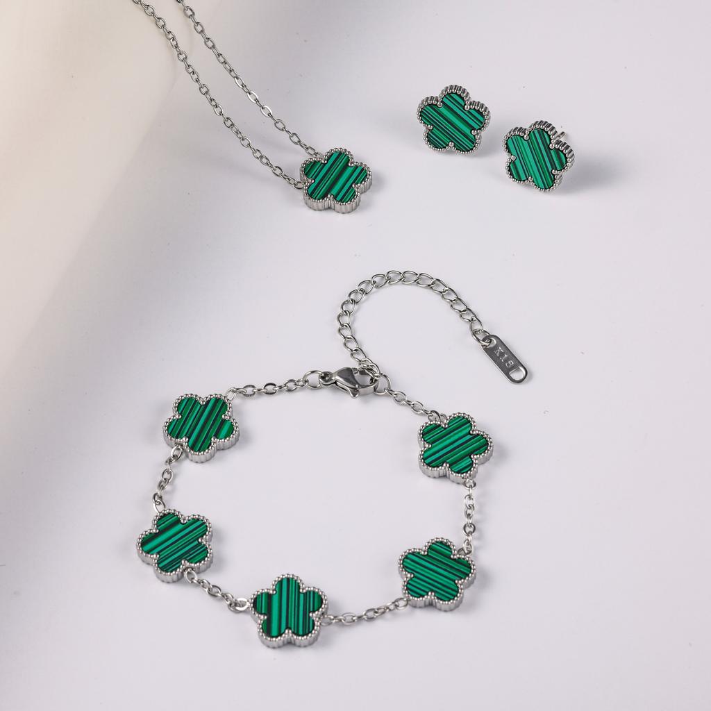 Conjunto de Joias Trevo Cor Prata para Mulheres Aço Inoxidável Hipoalergênico À Prova D'água Brincos Flor Colar Corrente Pulseira Novo