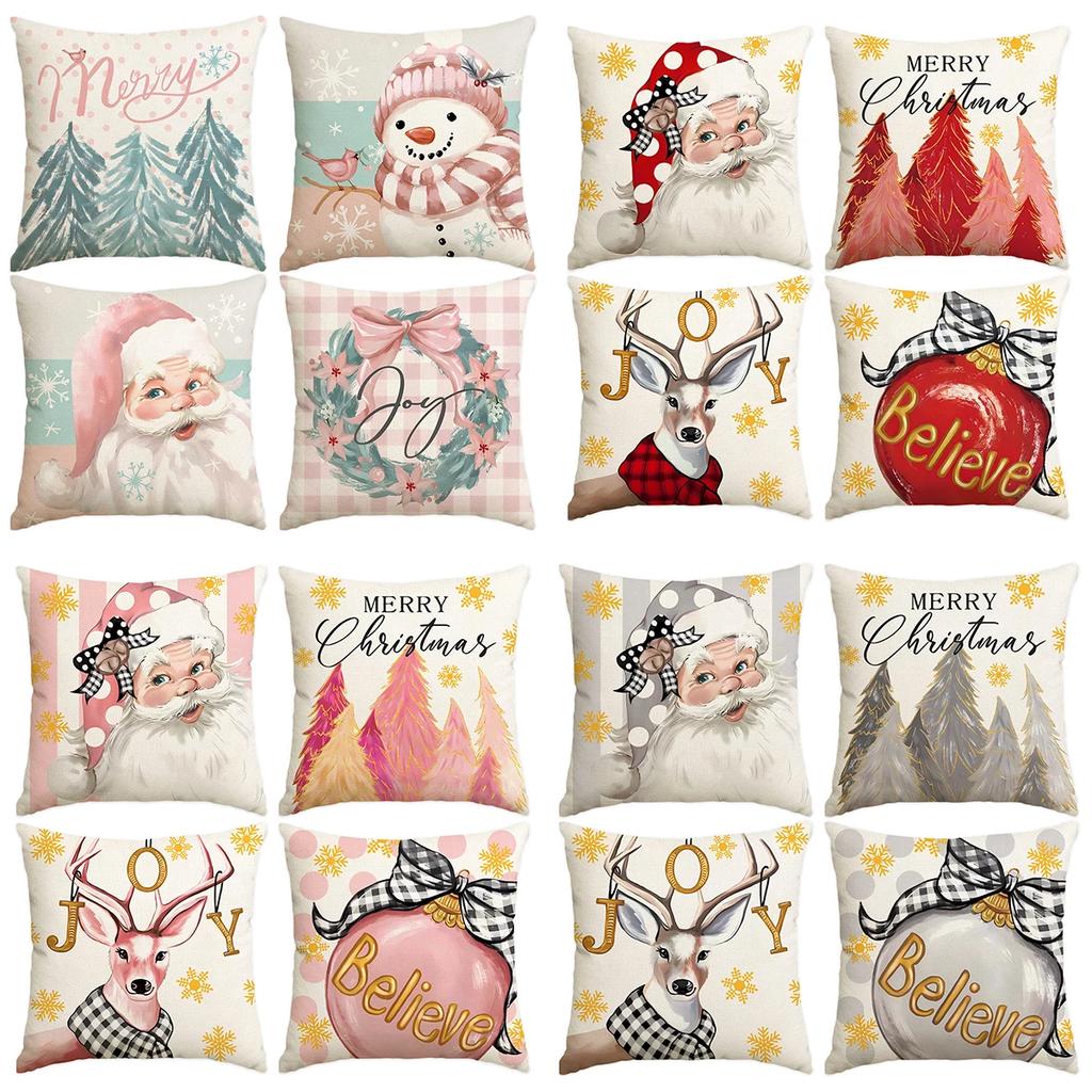 4pcs Merry Christmas Pillow Cover, Christmas Tree Reindeer Santa Claus Living Room Sofa Decoration Cushion Cover