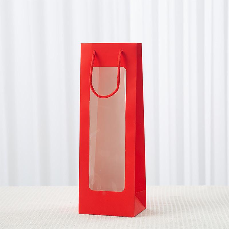 Neue einzelne rote Weintragetasche Fenster Transparentes PVC Kraftpapier Blume Puppe Rechteckige Geschenkverpackungstasche
