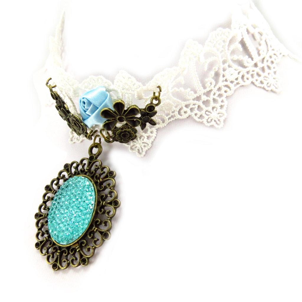 Les Trésors De Lily [K6581] - Ras de cou créateur 'Courtisanes' ivoire turquoise (dentelle)