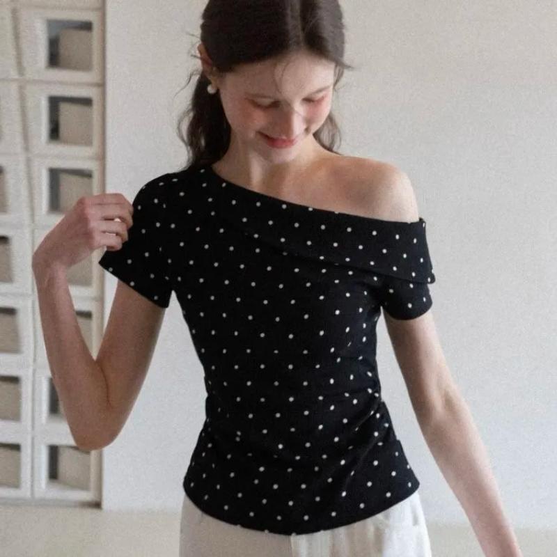 

Womens Polka Dot One Shoulder Short Sleeve Top S чёрный
