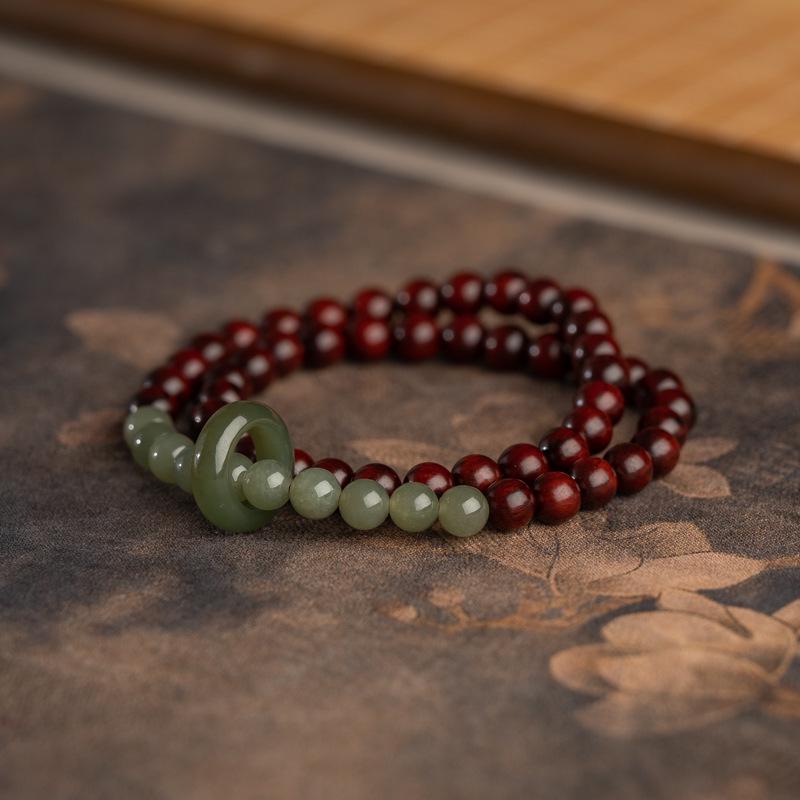 6mm Hetian Jade & Indian Rosewood Double Circle Bracelet for Women - High Density Wenwan Prayer Beads Standard