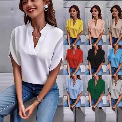 Blouse Décontractée d'Été à Col V Ample et Couleur Unie pour Femmes 2024