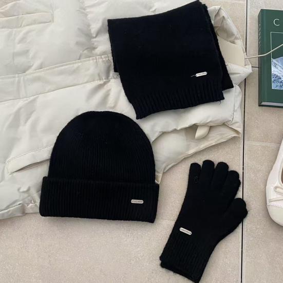 3Pcs/Set Women Hat Scarf Gloves Set Solid Color Ribbed Trim Brimless Hat Long Scarf Warm Gloves Set Winter Accessories