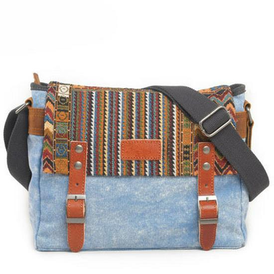 Ethnic Patchwork Canvas Shoulder Bag with Cowhide Buckle and Retro Webbing Design