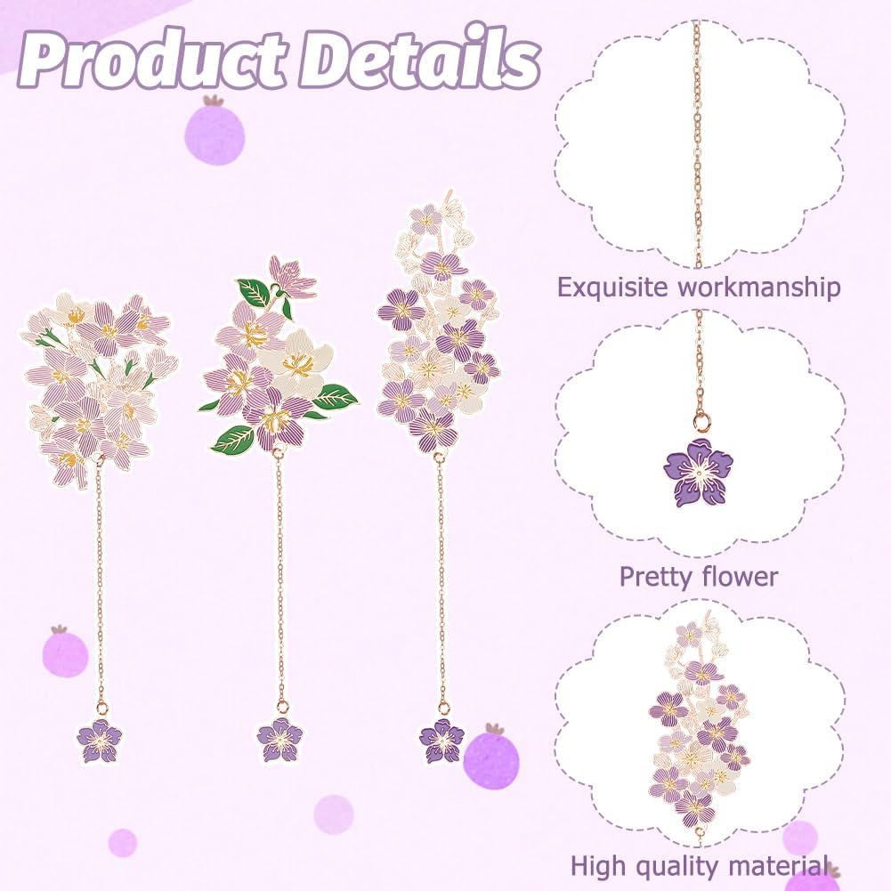 INFUNLY Cherry Blossom Metal Bookmarks with Chain Romantic Bookmark Flower Book Page Marker Metal Charm Bookmark for Women Gift for Booklover Readers