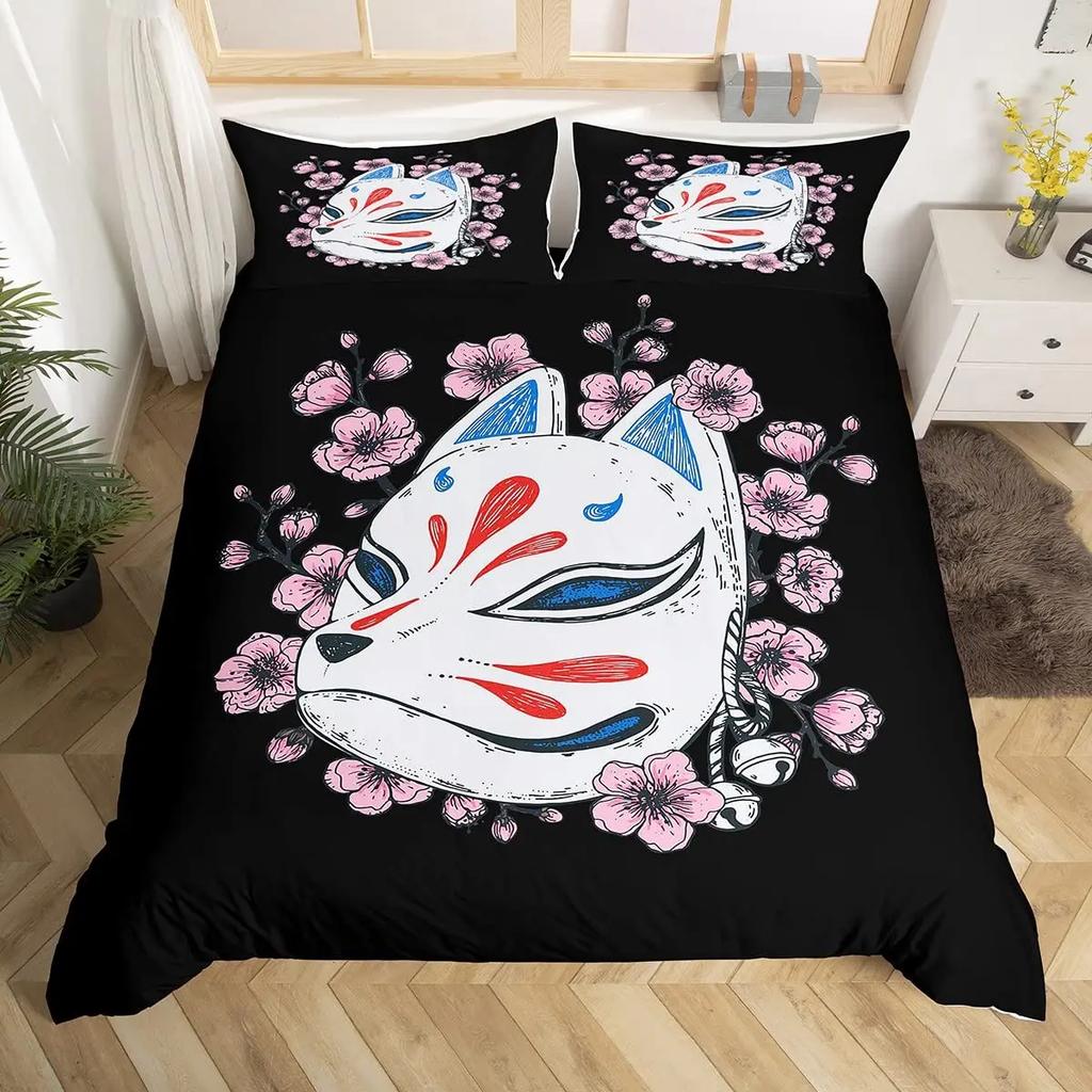 Japanese Fuji Mountain Duvet Cover Set Crane Bedding Set Watercolor Nature Tree Branches Comforter Cover Traditional Quilt Cover