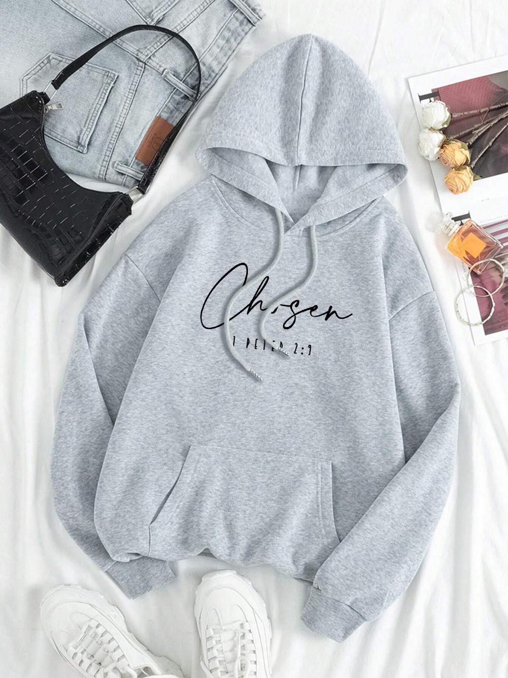 

Chosen I Peter Letter Graphic Hoody Men Women Autumn Loose Sweatshirt Hip Hop Crewneck Clothes Loose Pocket Coat Hoody Couple S