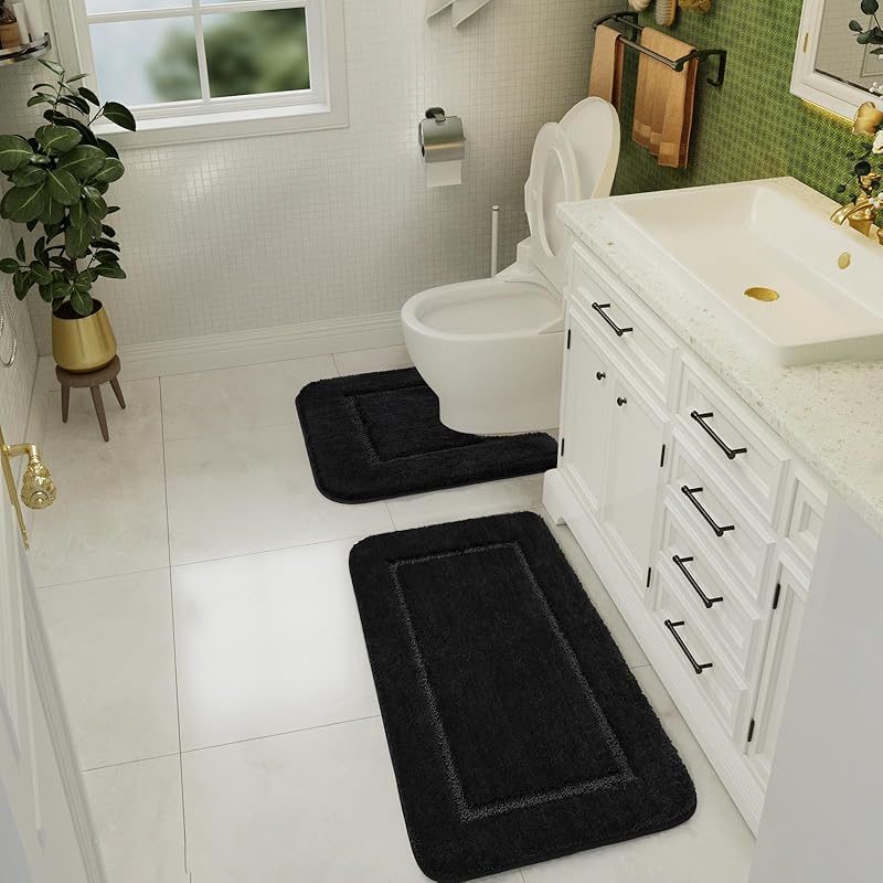 LOCHAS Bathroom Rug Set Black, Soft Bath Rug Set 2 Piece Set, Toilet Mat U-Shaped 20x20 and 34x20 Bathroom Rugs, Quickly