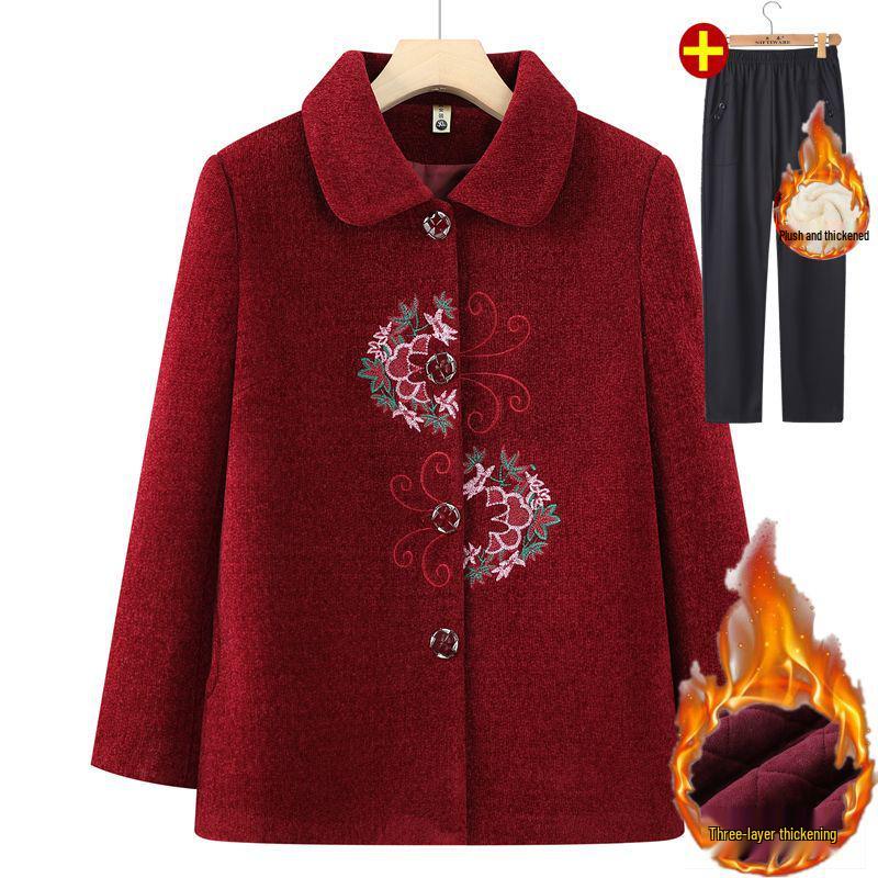 Elegant Embroidered Wool Coat for Elderly Women - Autumn/Winter Fashion with Velvet Lining