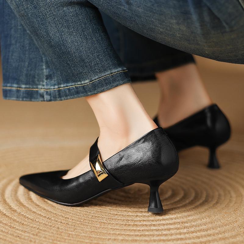Fashion Women's new leather sheepskin pointed metal accessories belt buckle high heels plus size Mary Jane work shoes single shoes