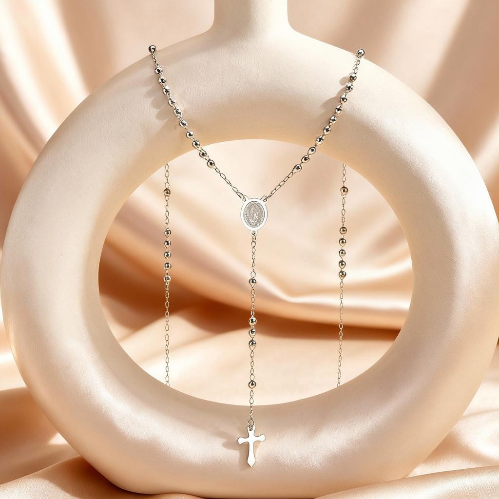 Women's Stainless Steel Rosary Virgin Cross Drop Necklace, Bead Chain Prayer Y-shaped Necklaces, Exquisite Religious Jewelry