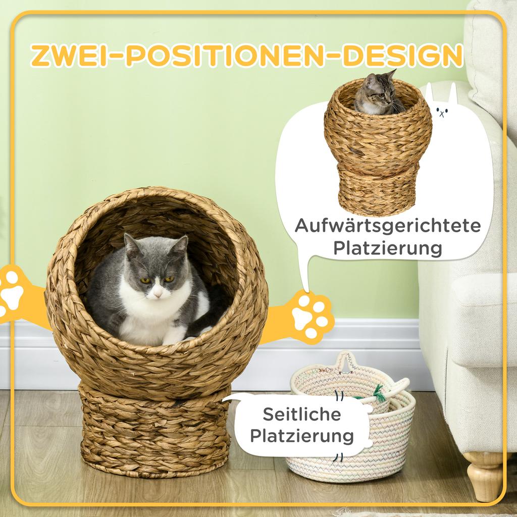 Woven Banana Leaf Elevated Cat Bed Wicker Kitten Basket Pet Den. House Cosy Cave with Soft Cushion Dome 42x33x52cm Brown