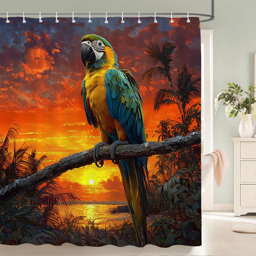 Tropical Plants, Flowers and Birds Shower Curtain, Bathroom Decorative Shower Curtain, Print Polyester Fabric Curtain with Hooks