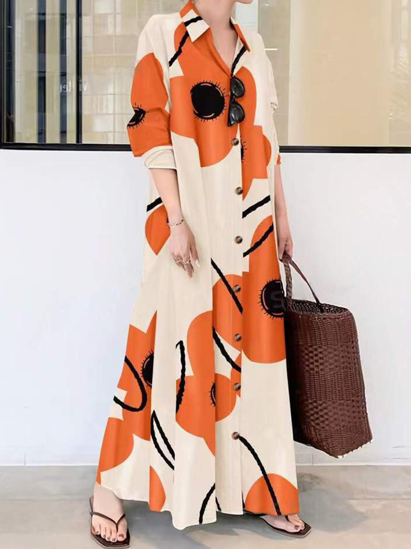 

Women s Spring Collection: Long Sleeve Loose Printed Dress Small оранжево-красный