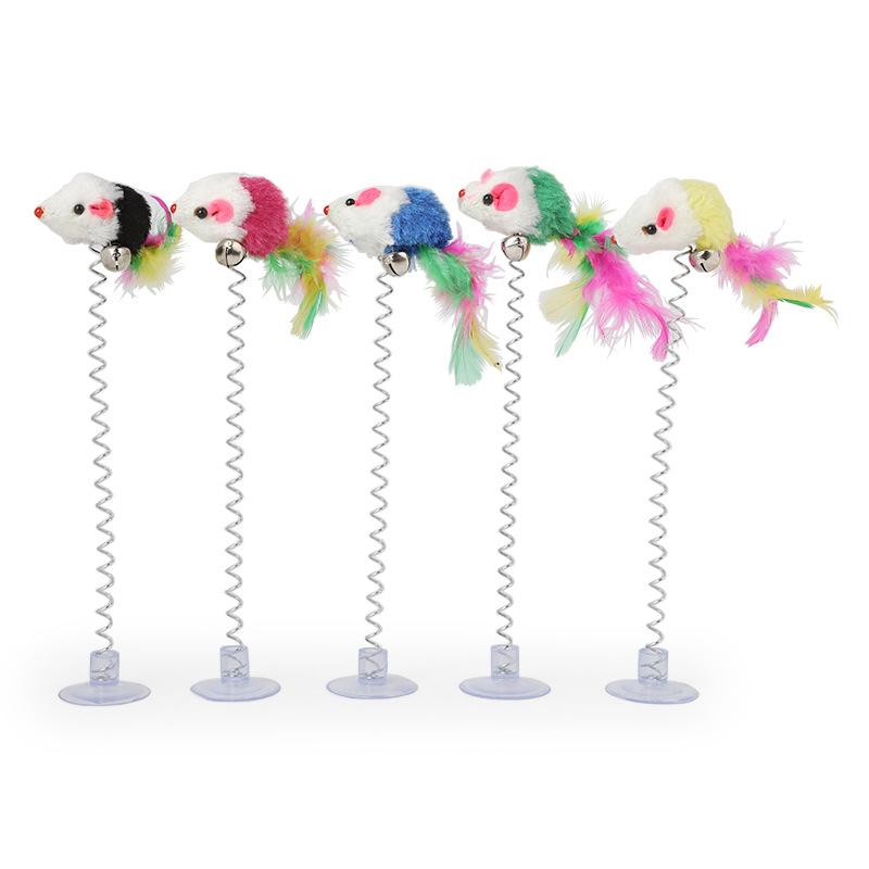 1PC Spring Mouse Colorful Suction Cup with Feather Teasing Stick Pet Toy