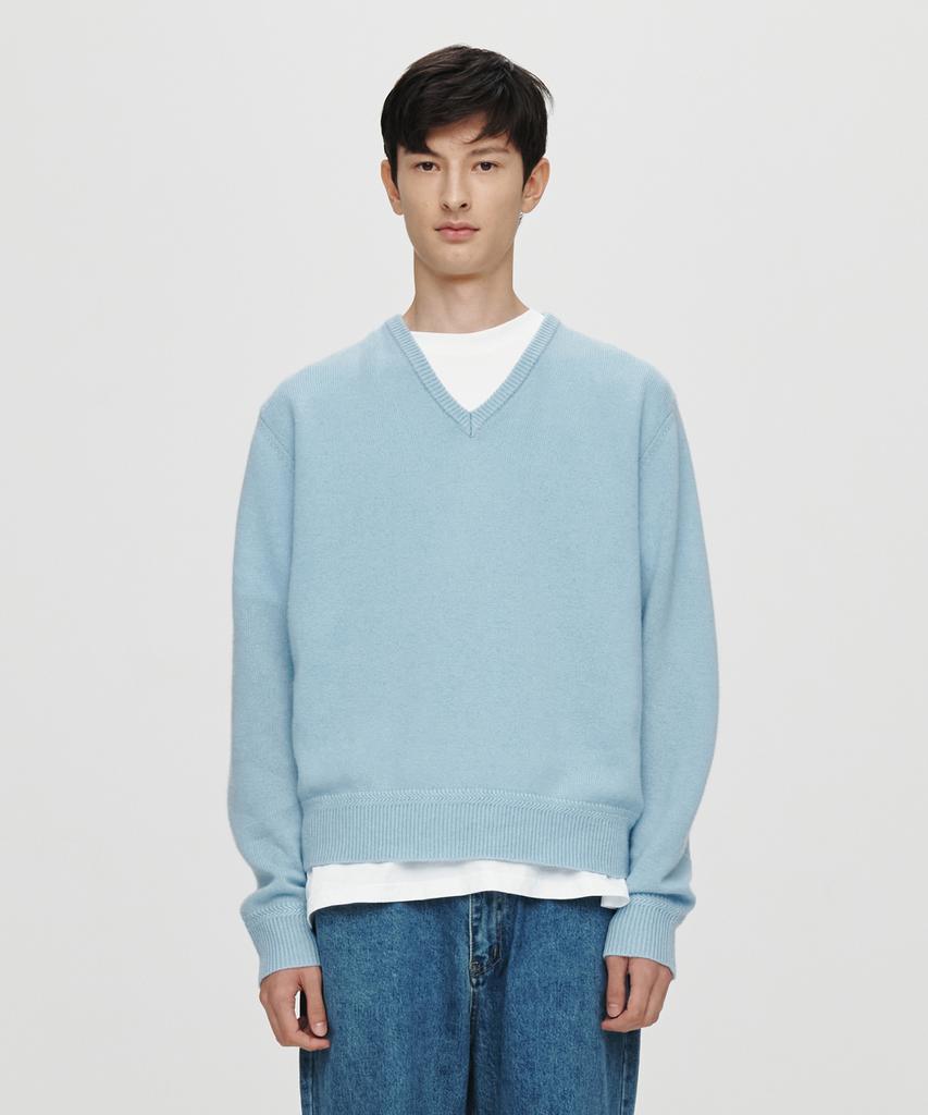 Hoite Cashmere Wool V Neck Knit (Blue)