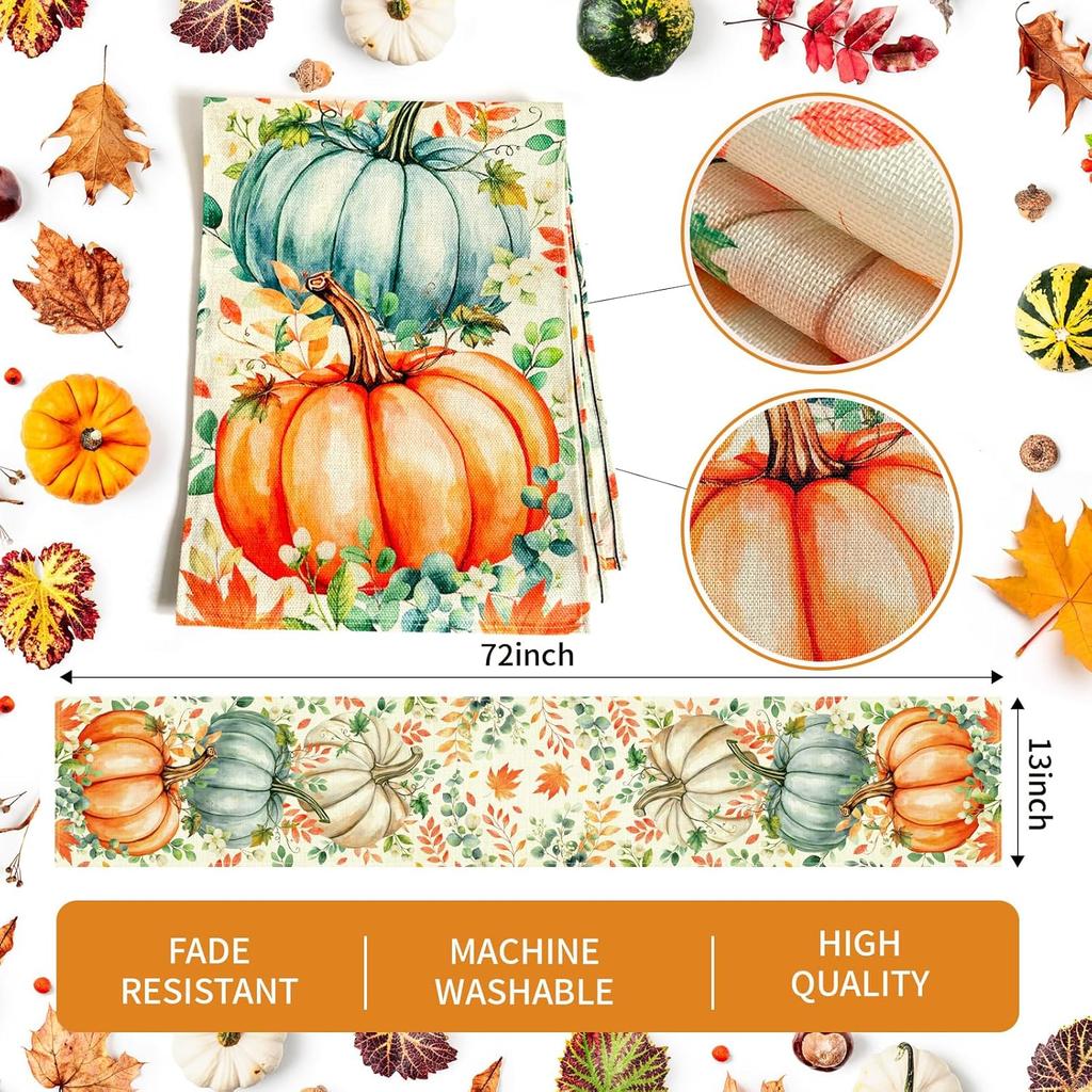 Pumpkin Eucalyptus Leaves Fall Table Runner, Autumn Thanksgiving Kitchen Table Decorations for Home Party Decor (Pumpkin 2, 13x72 inches)