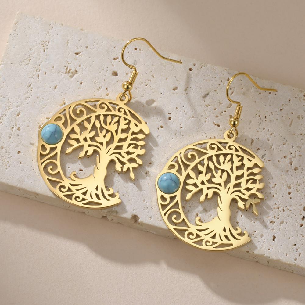

Dawapara Filigree Crescent Moon Tree of Life Dangle Earrings Turquoise Celtics Moon Wiccan Pendant Stainless Steel Jewelry