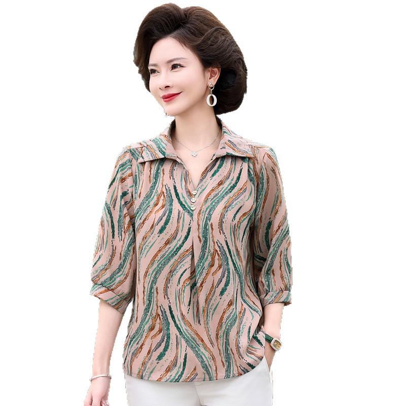 Middle-Aged Women's Chiffon Blouse: Fake Two-Piece Mid-Sleeve, Stylish T-Shirt for Spring and Autumn