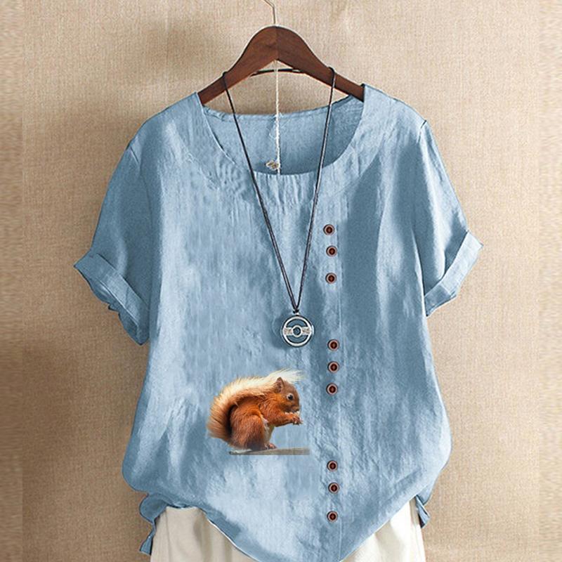 Damenmode Rundhals Kurzarm T-Shirt Lässiges Baumwoll-Leinen-Grafikhemd Freizeit Lose Eichhörnchen Gedruckt Sommer Bluse Tops