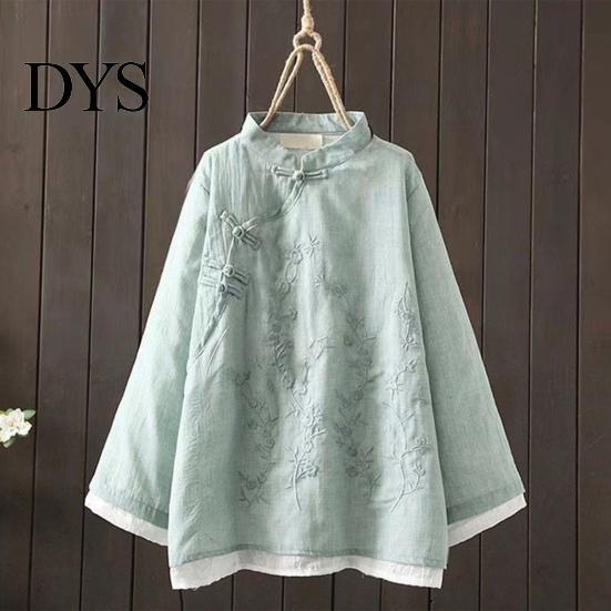 Lady Fall Spring Top Women Retro Chinese Style Embroidered Flower Pattern Knot Button Solid Color Keep Warm Loose Stand Collar Plus Size Vintage