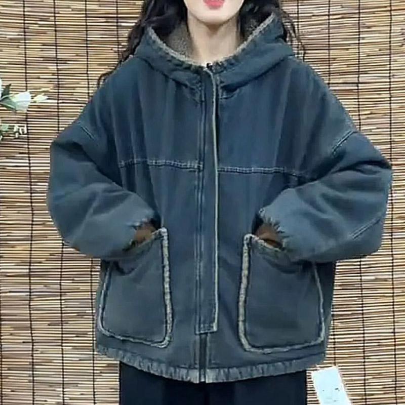 Kabát pro ženy Bavlna Zesílený Plyšový Podzim Zima Rukáv Oversize Ležérní Zip Návrat do minulosti Džínová bunda