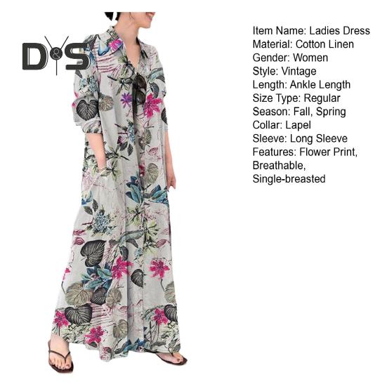 Damenkleid, locker, bunt, Blumendruck, knöchellang, lange Ärmel, Taschen, A-Linie, Revers, einreihig, weich, atmungsaktiv, Herbst/Frühling, Maxikleid