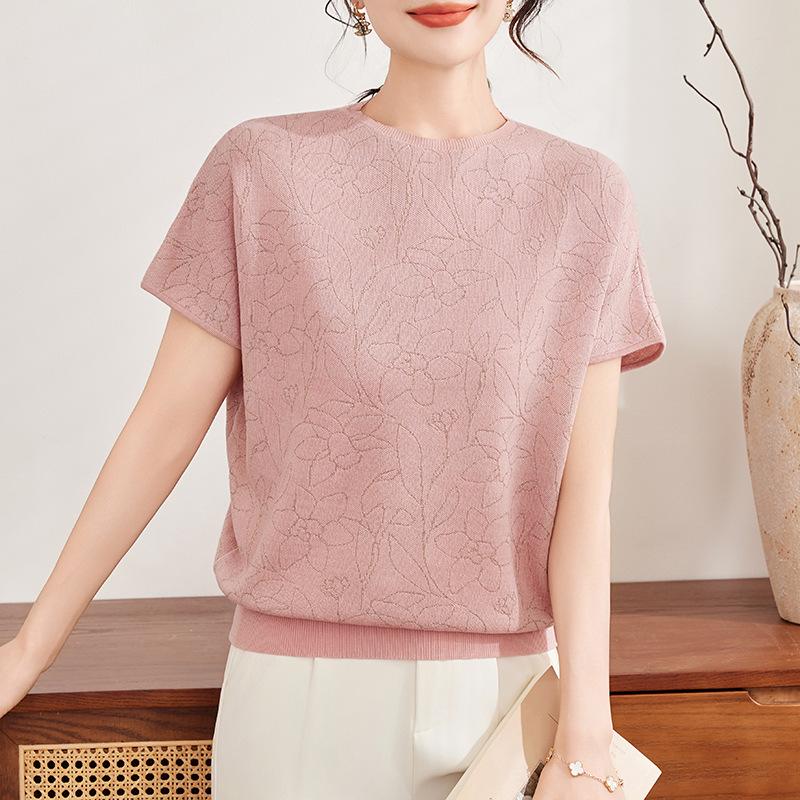 

Floral Ice Silk Batwing Sleeve Top for Mature Women – Summer Short-Sleeved T-Shirt Size 110 рожевий