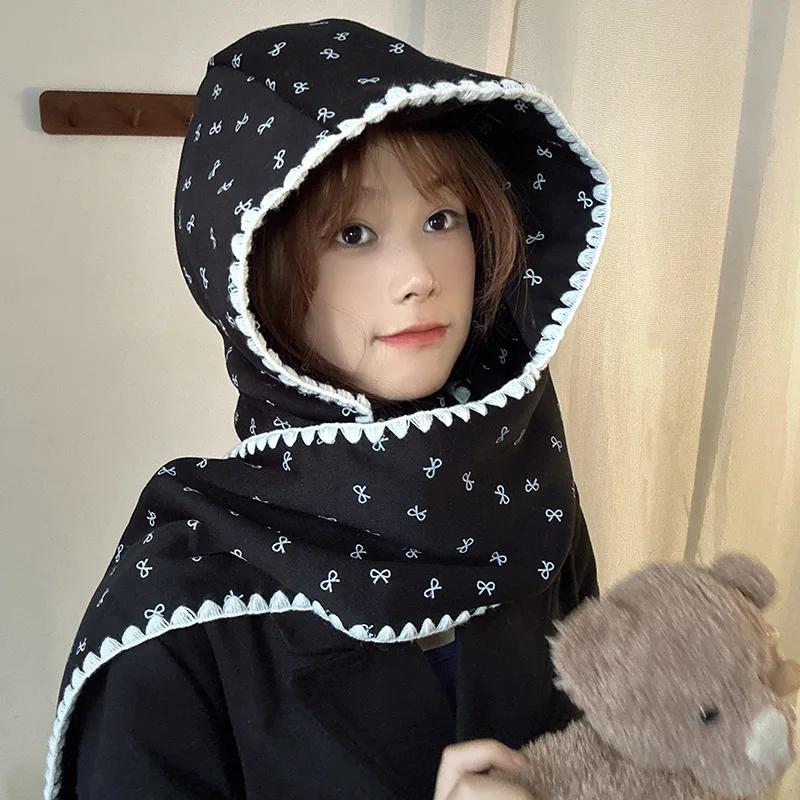 Korean Style Print Bow Hat Scarf Winter Warm Fleece Lined Cute Women Beanie Neck Warmer Integrated Fashion Accessory