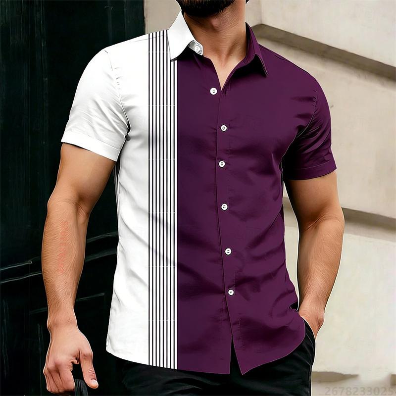 2026 Hot-Selling Summer Men's Color Block Striped Short-Sleeve Shirt, Outdoor Casual Slim Fit Collared Shirt, Hawaiian Shirt
