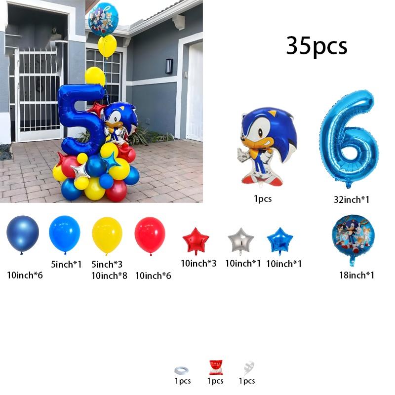 35-Piece Sonic the Hedgehog Cartoon Character Boys’ Balloon Kit – Number Combo Foil Balloons for Birthday Party, Baby Gift