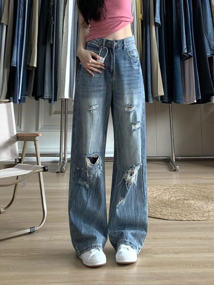 

Джинсы женские большого размера прямые свободные с высокой посадкой скинни с эффектом помятости, варки и рваными коленями, длинные джинсовые брюки 4XL