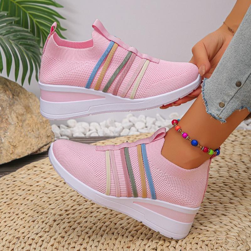 Wedge Single Shoes Autumn New Round Toe Mesh Colorblock Breathable Soft Sole Non-slip Wear-resistant Low Top Shoes